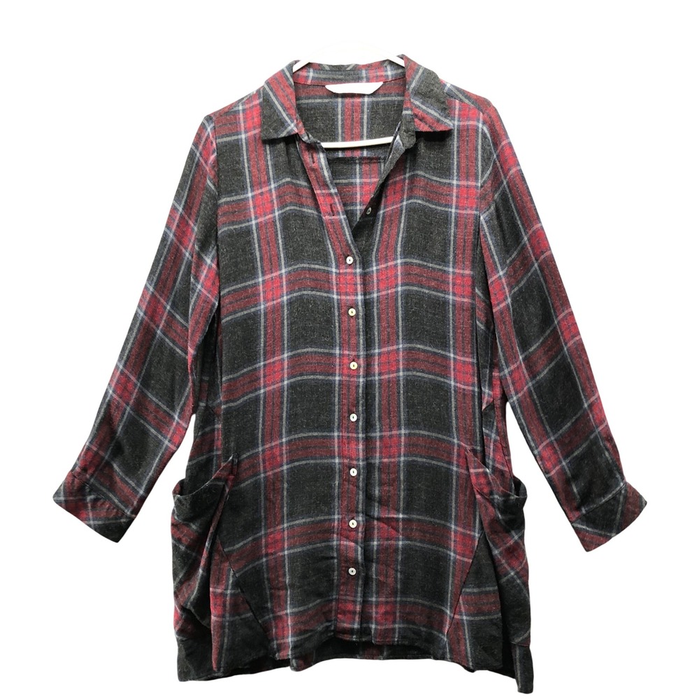 Zara Basic Lightweight Flannel Tunic Shirt Womens S Red‎ Gray Plaid Boho Grunge